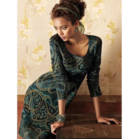 Peruvian Connection Kashmiri Pima Cotton Dress XSmall Black Turquoise Paisley - Picture 2 of 11